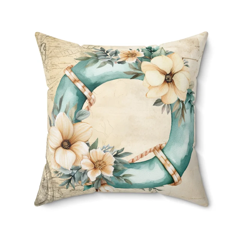 Nautical Polyester Square Cushion, Nautical cushion, Natural Floral Wreath