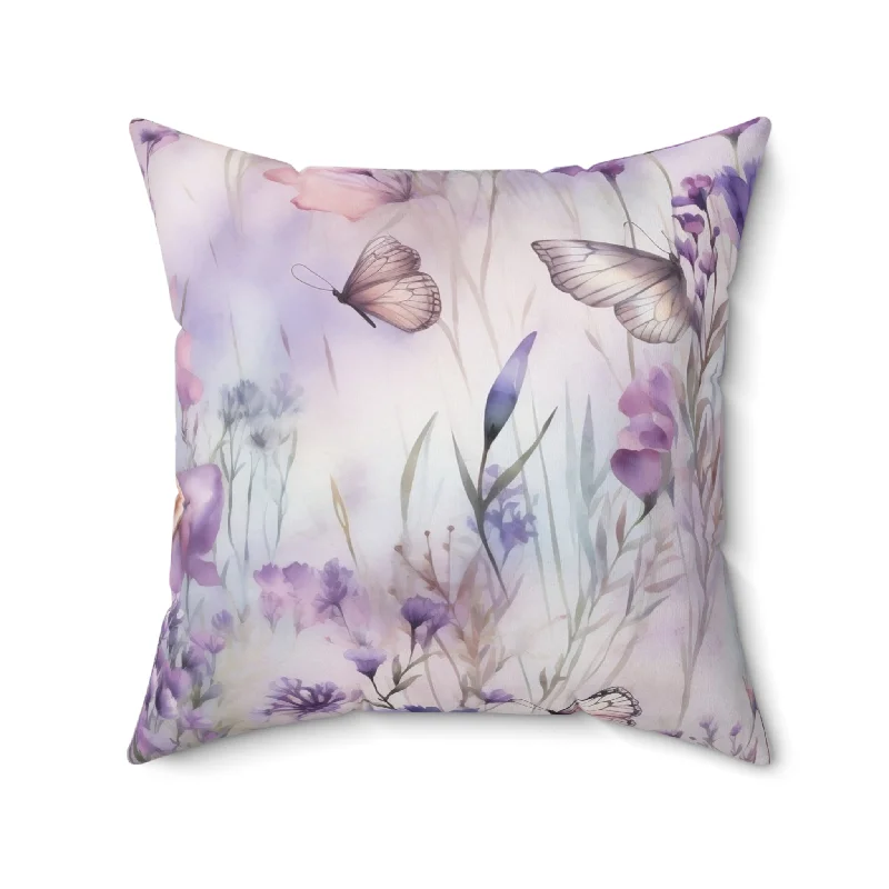 Spun Polyester Square Pillow, Butterfly Floral Cushion