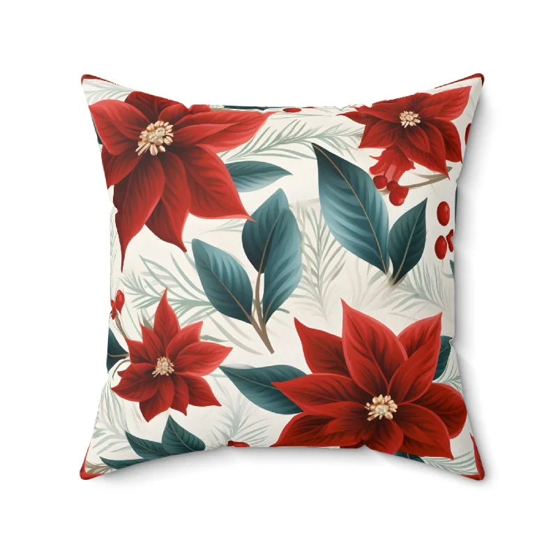 Spun Polyester Square Pillow, Red Poinsettia Floral Cushion