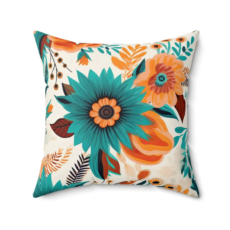 Spun Polyester Square Pillow, Retro Boho Floral Cushion