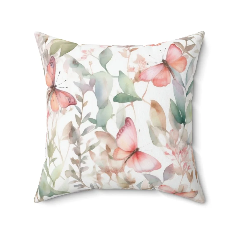 Spun Polyester Square Pillow, Butterfly Floral Cushion