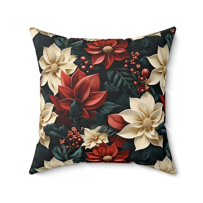 Spun Polyester Square Pillow, Poinsettia Floral Cushion