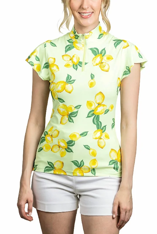 1/4 Zip Flutter Sleeve Sun Shirt In Lemon-Lime Cream