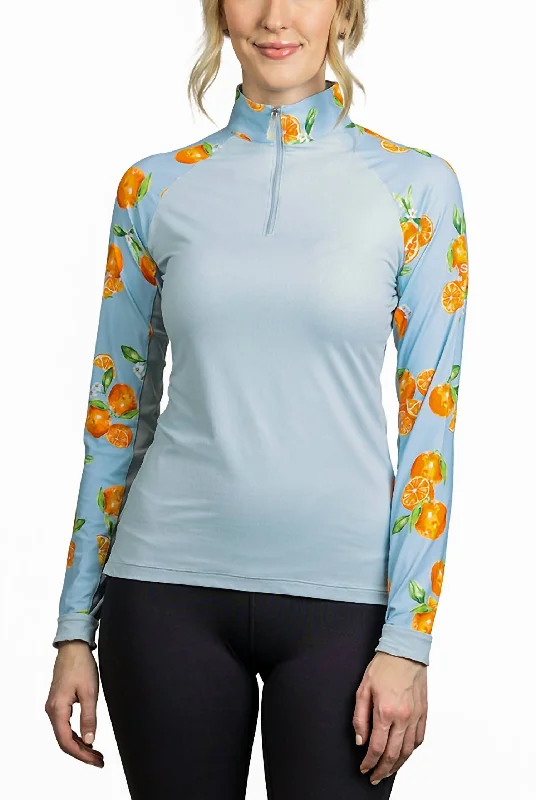 1/4 Zip Long Sleeve Sun Shirt In Light Blue Oranges Raglan