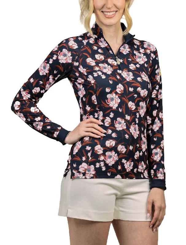 1/4 Zip Long Sleeve Sun Shirt In Navy Peonies