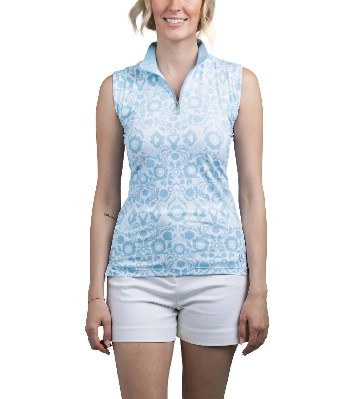 1/4 Zip Sleeveless Sun Shirt In Light Blue And White Floral