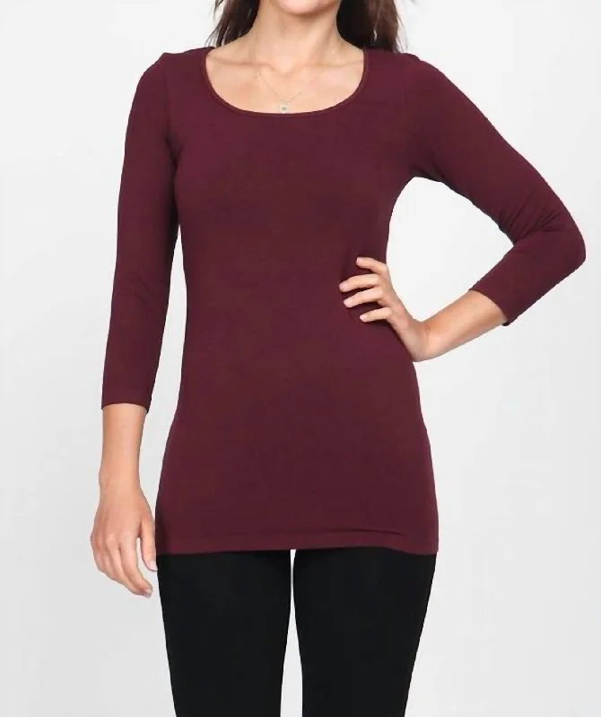 3/4 Sleeve Seamless Top In Wine