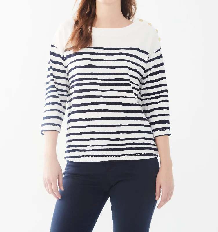 3/4 Sleeve Stripe Nautical Top In White