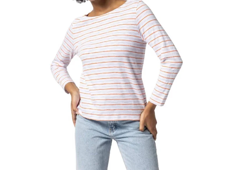 3/4 Sleeve Striped Boatneck Tee In Tangelo/lily