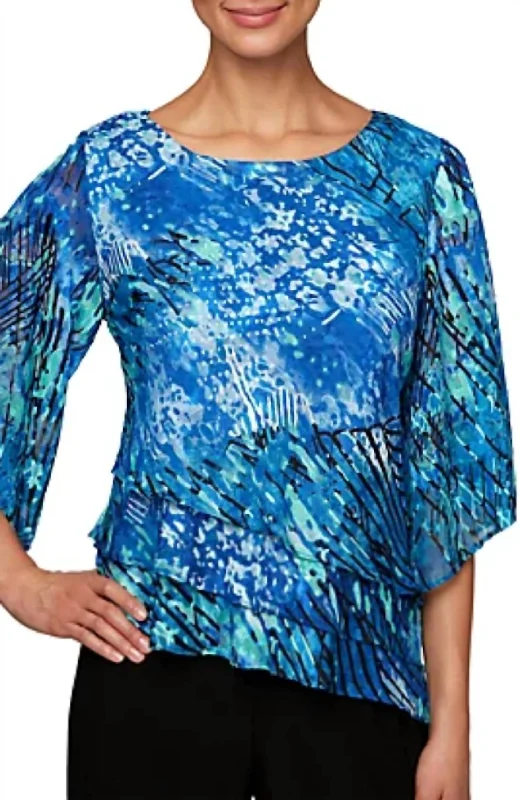 3/4 Sleeve Triple Tier Blouse In Blue Multi