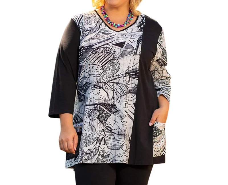 3/4 Sleeve V-Neck Helen Tunic - Plus In Artist Sketch