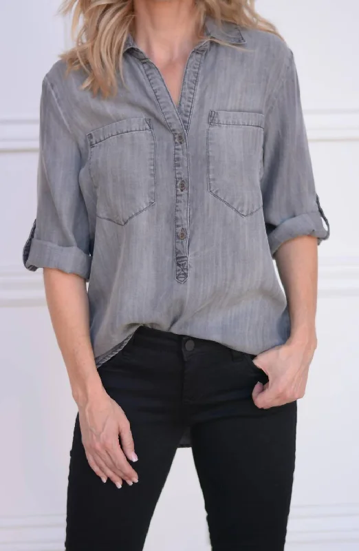 Ava 3/4 Button Up Blouse In Grey