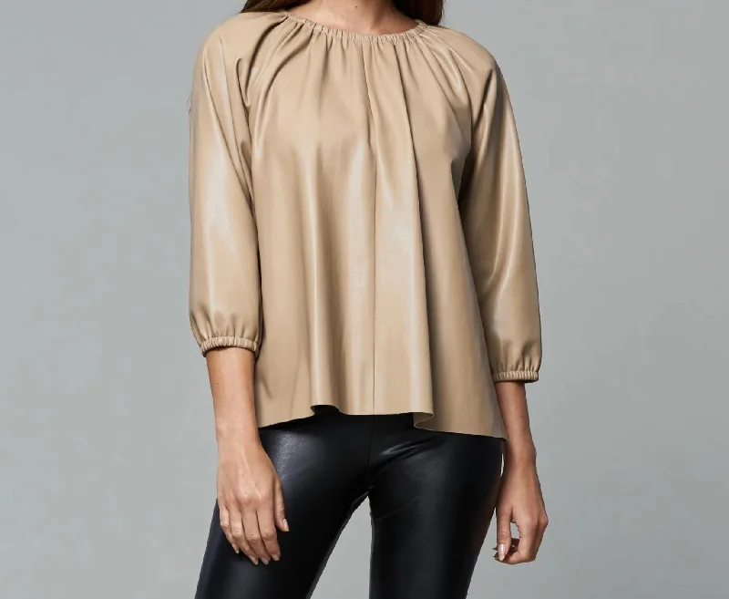 Blakely Faux Leather Puff Sleeve Top In Taupe