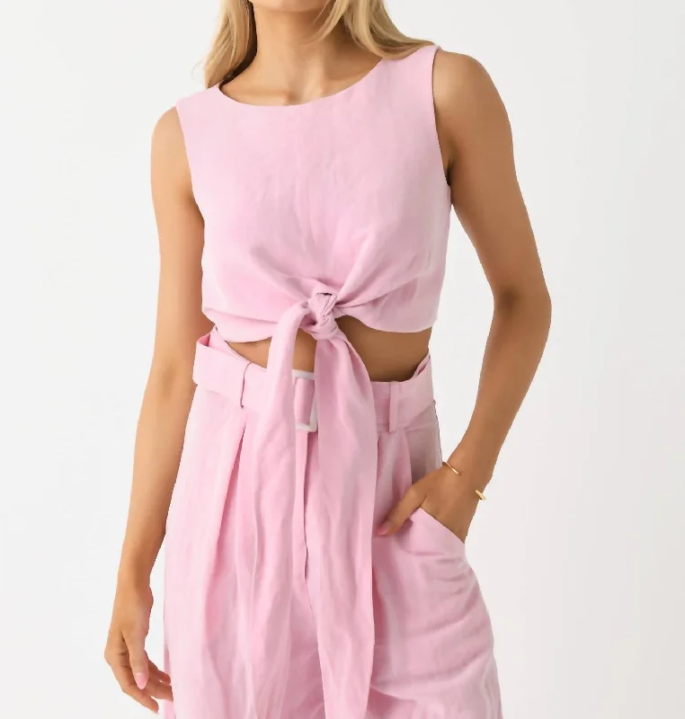 Boat Neck Sleeveless Wrap Top In Pink Viscose Linen