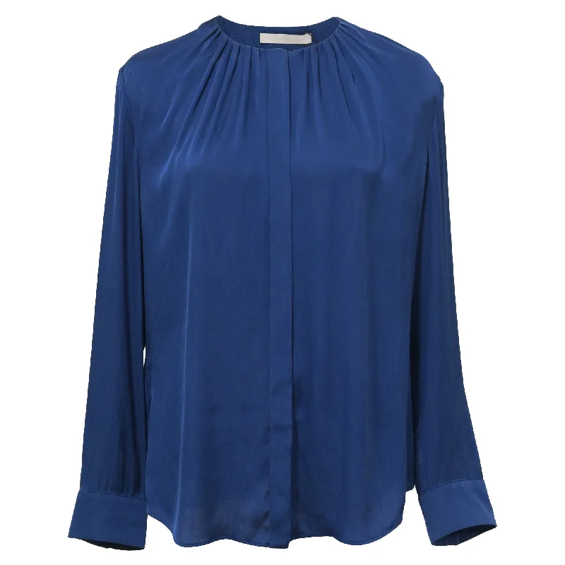 Boss Ruched-Neck Blouse in Blue Silk