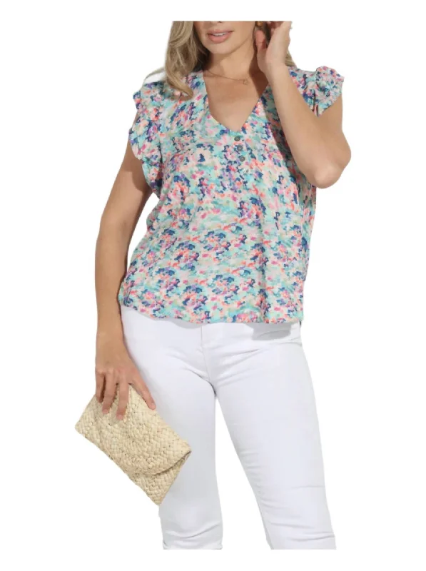 Button Ruffle Top In Nadi Print