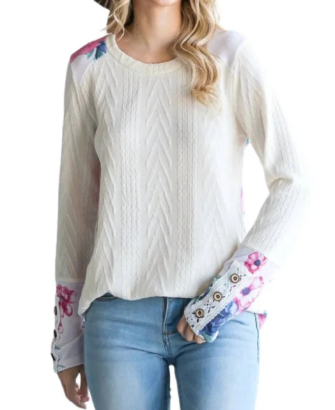 Cable Knit Button Long Sleeve Top In White