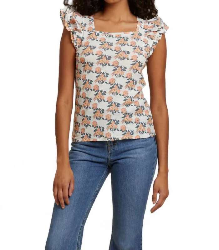 Cameo Print Notched Ruffle Tank Top In Peach Blossom