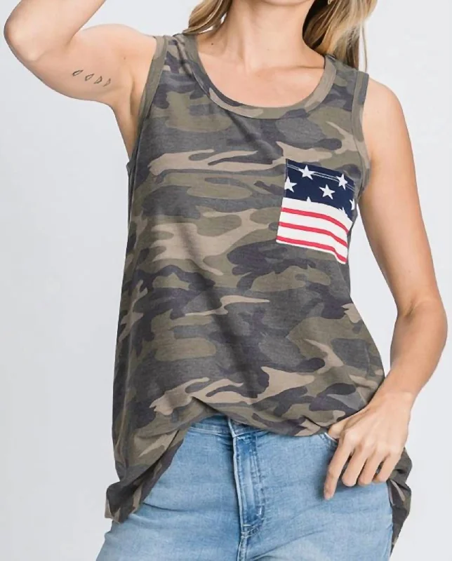 Camo Flag Pocket Tank Top In Green