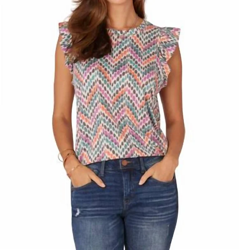 Cap Sleeve Abstract Print Top In Orchid Teal Multi