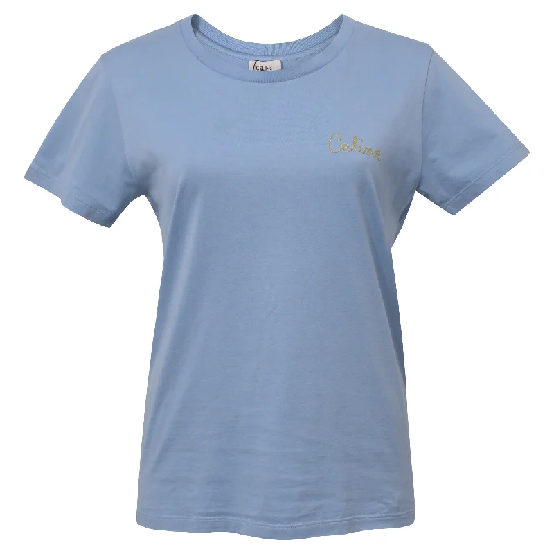 Celine Logo Short Sleeve T-Shirt in Blue Cotton