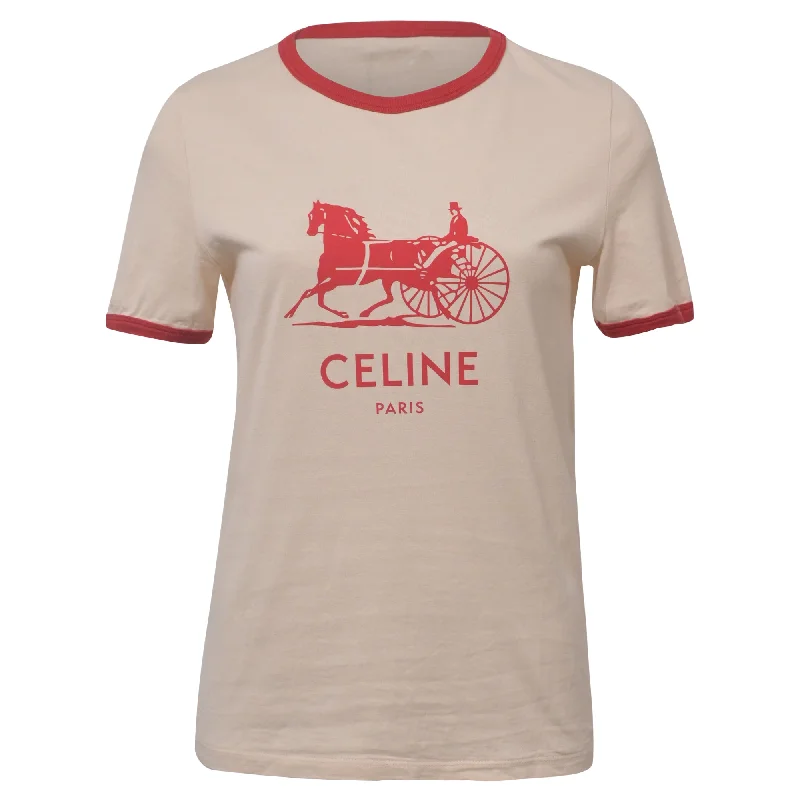 Celine Logo Short Sleeve T-Shirt in Cream and Red Cotton