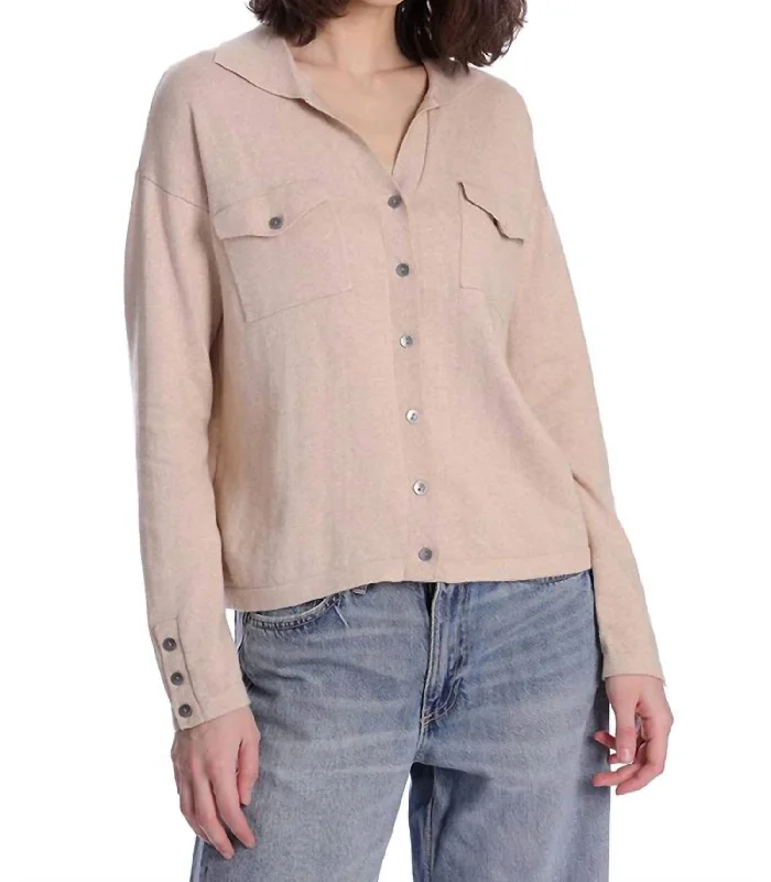 Cotton Cashmere Long Sleeve Solid Camp Shirt In Brown Sugar