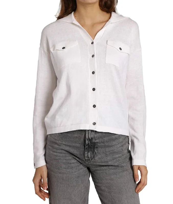 Cotton Cashmere Long Sleeve Solid Camp Shirt In White