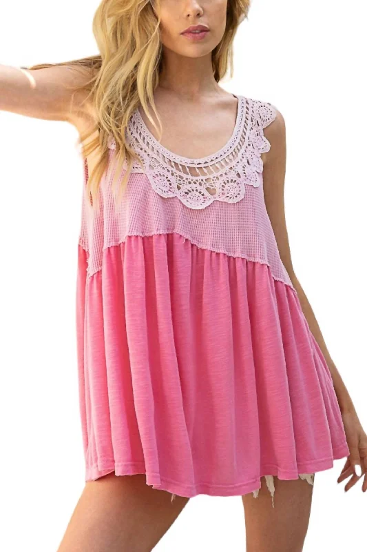 Crochet Trim Relaxed Top In Candy Pop Pink