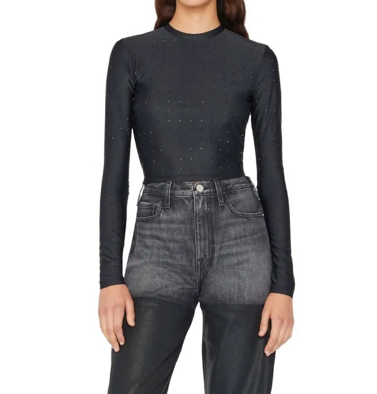 Cropped Long Sleeve Rhinestone Top In Noir