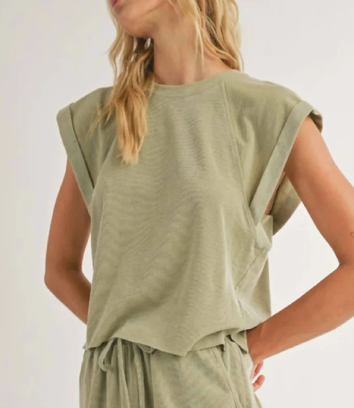 Cuff Sleeve Top In Sage