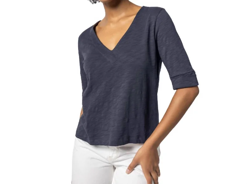 Cuffed Elbow Sleeve V Neck In Navy