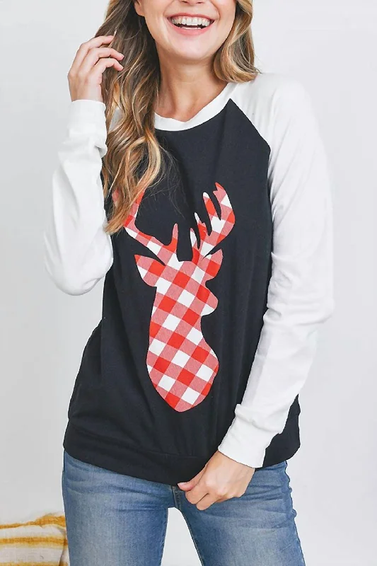 Deer Plaid Raglan Top In Black