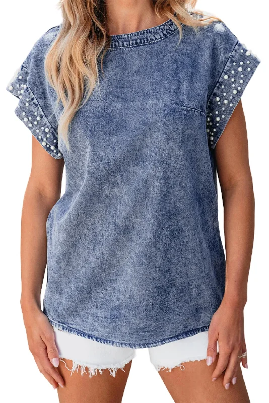 Denim Acid Wash Top With Pearl Embellished Sleeves In Dusk Blue