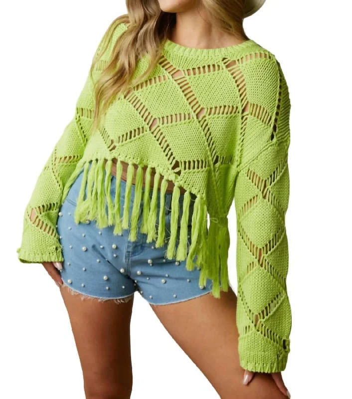 Diamond Open-Stitch Knit Top In Lime