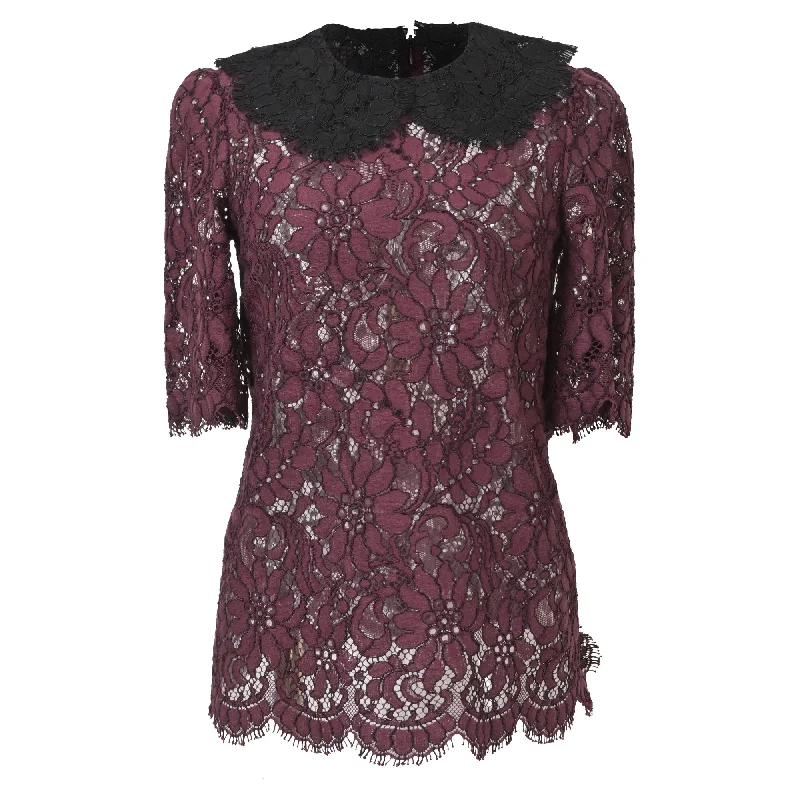 Dolce & Gabbana Floral Lace 3/4 Sleeves Blouse In Burgundy Cotton