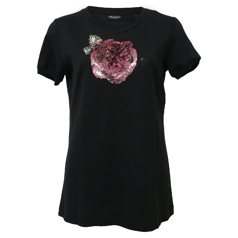 Dolce & Gabbana Floral Sequin Embellished T-Shirt in Black Cotton