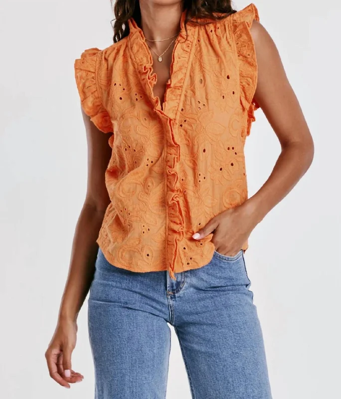 Ellie Ruffle Embroidery Top In Apricot Crush