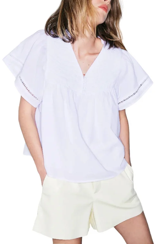 Emily Stitched Flutter Sleeve Blouse In White