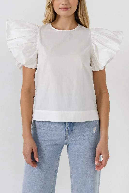 Erandi Folded Ruffle Sleeve Top In White