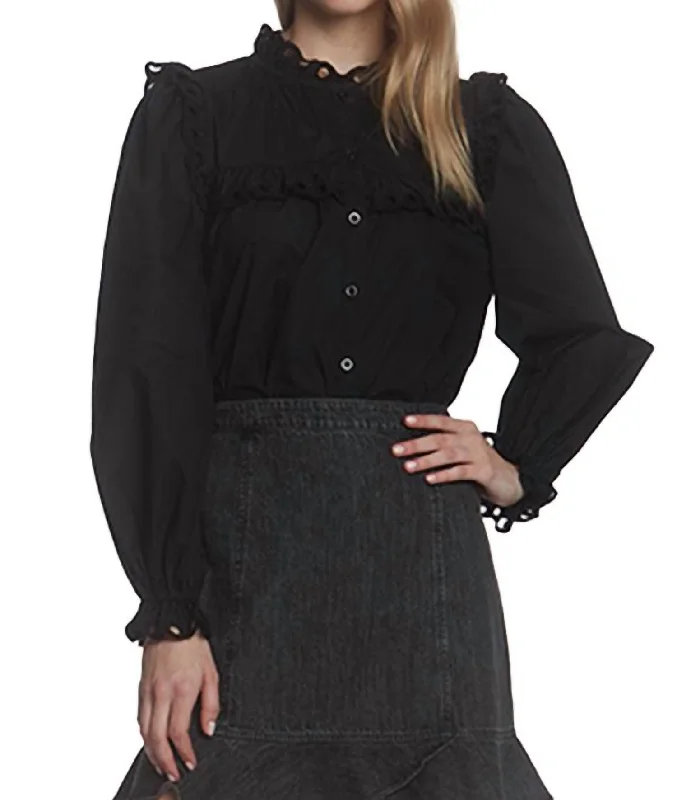 Eyelet Ruffle Trim Button Down Top In Black