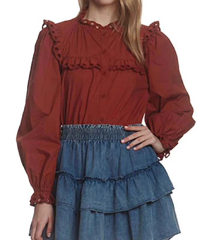 Eyelet Ruffle Trim Button Down Top In Spice