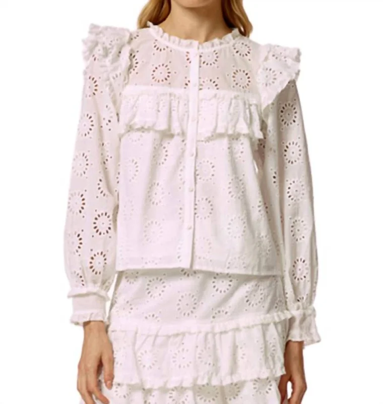 Eyelet Trimmed Button Down Top In White