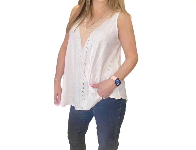 Eyelet V Neck Tank Top In White