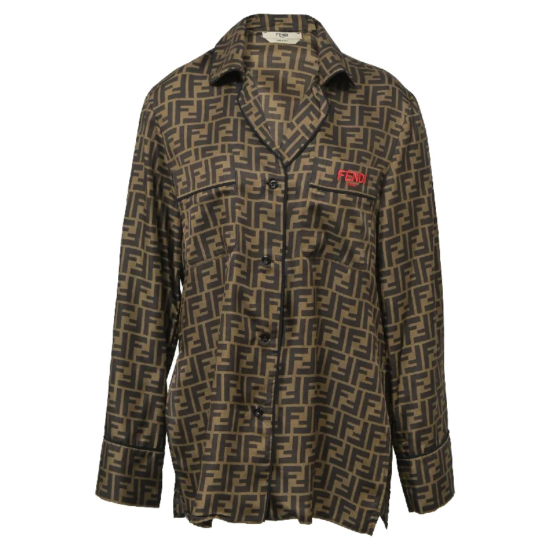 Fendi Zucca Monogram Button Front Shirt in Brown Silk