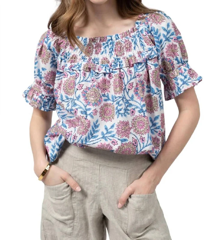 Floral Print Cotton Puff Sleeve Top In White/blue/pink