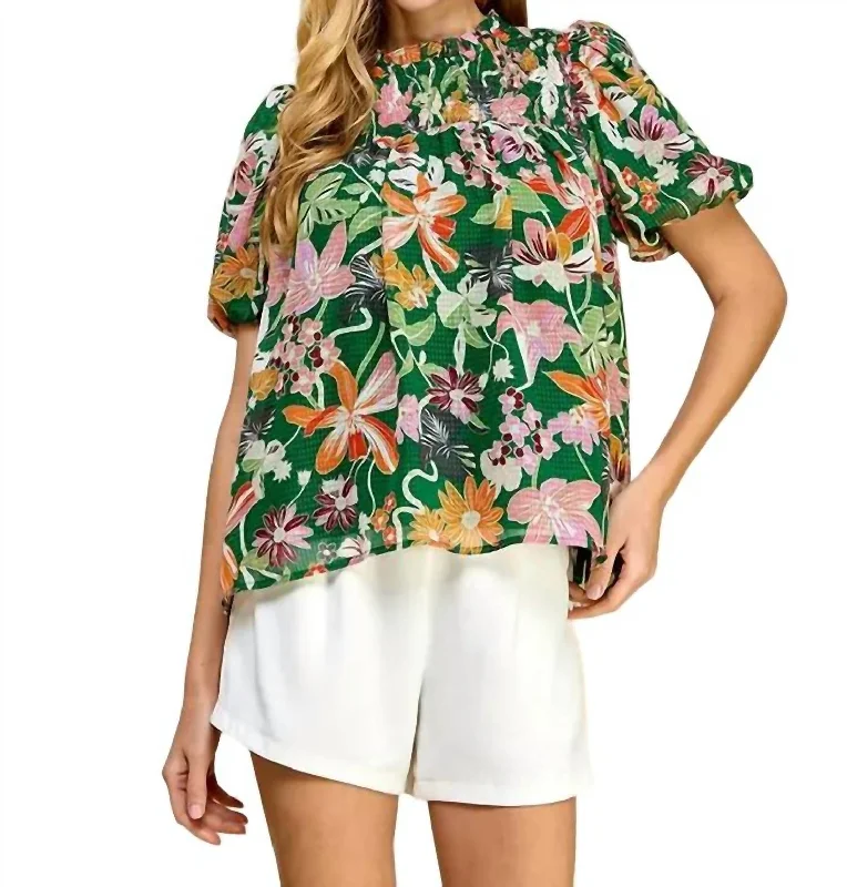 Floral Print Puff Sleeve Top In Green