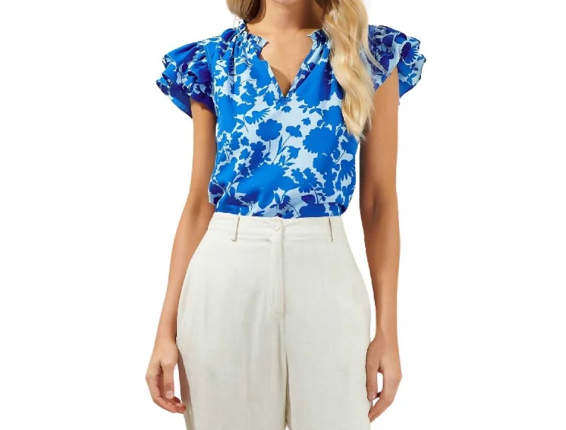 Floral Ruffle Sleeve Top In Marinelle