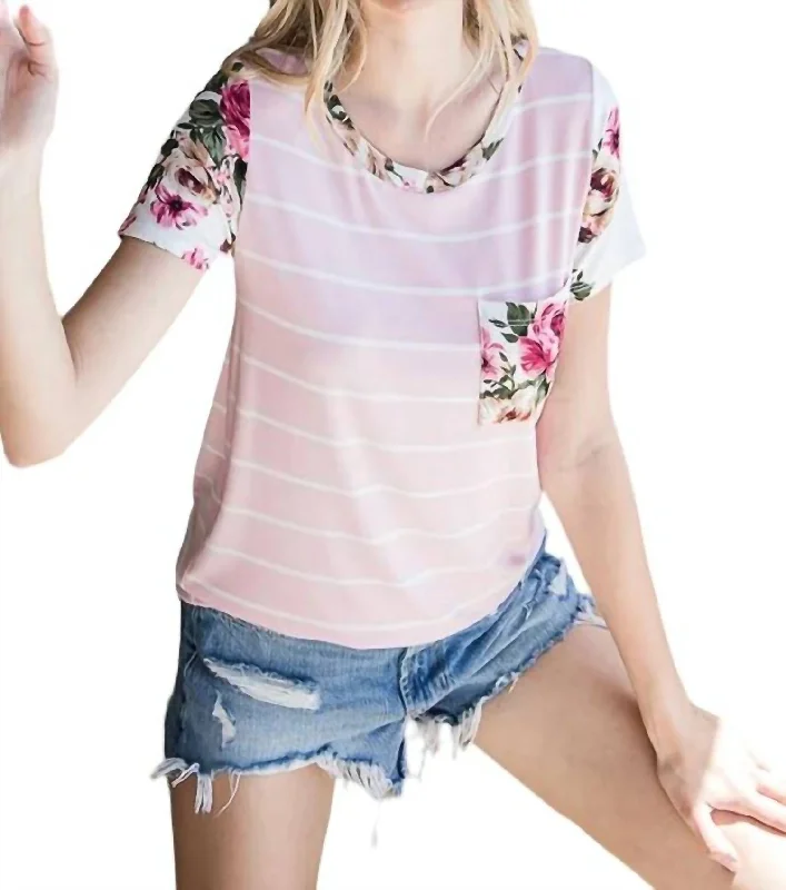 Floral Stripe Pocket Tee In Pink