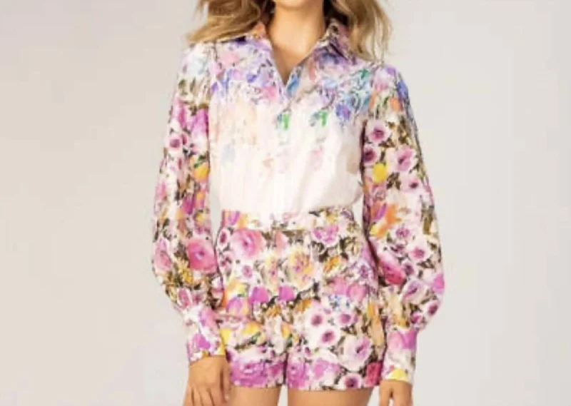 Floral Watercolor Top In White/pink/blue/purple Multi